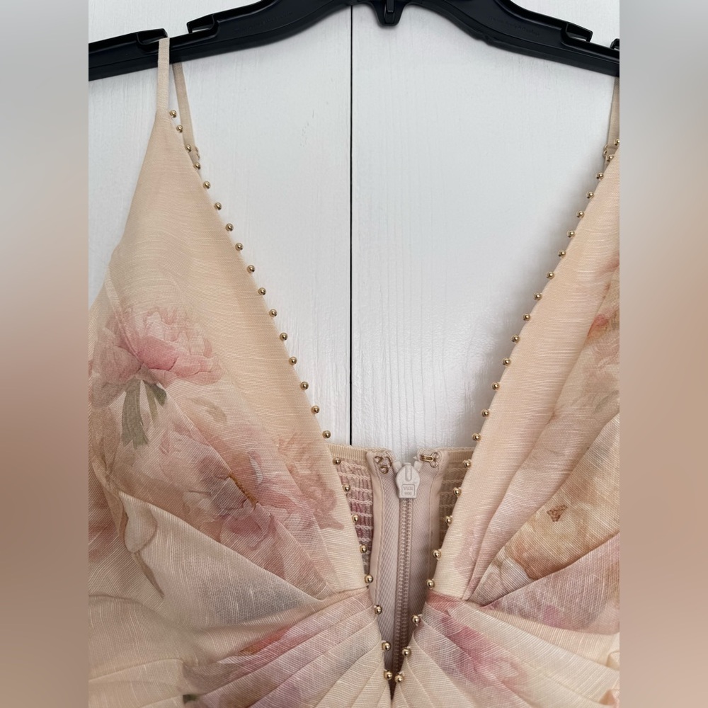 Final Zimmermann Hypnotic Plunge Neck Linen Silk Minidress Cream Peony AU3 US10 - Picture 8 of 16